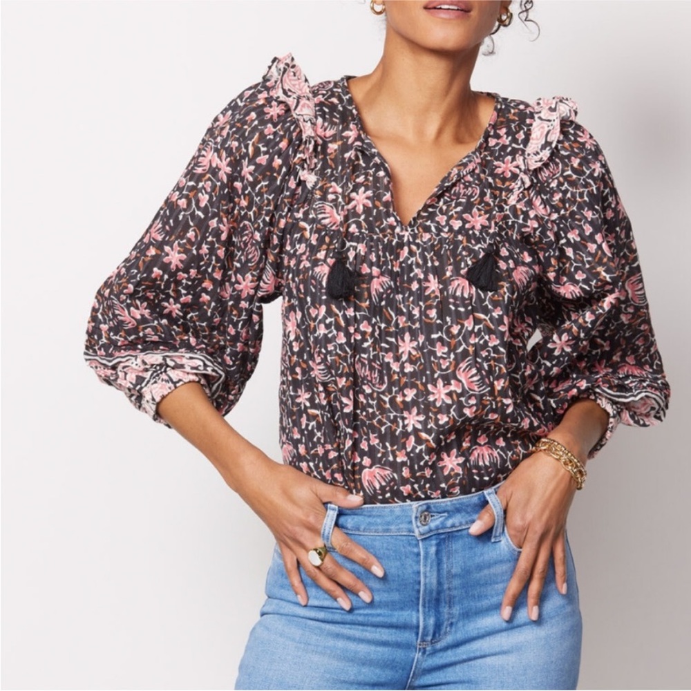 Cleobella || Brynlee Floral Blouse Metallic Puff Sleeve Ruffle Shoulder Black XS
